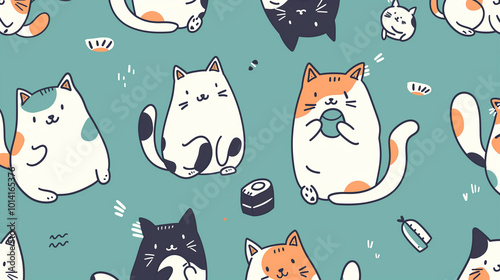 Cute illustrated cats in various playful poses on a teal background