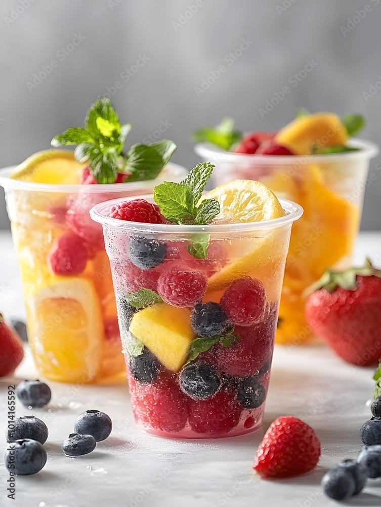 Three clear plastic cups filled with fresh fruit, including blueberries, raspberries, mango, lemon, and orange slices. The cups are garnished with fresh mint leaves. Three clear plastic cups filled with fresh fruit, including blueberries, raspberries, mango, lemon, and orange slices. The cups are garnished with fresh mint leaves.