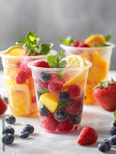 Three clear plastic cups filled with fresh fruit, including blueberries, raspberries, mango, lemon, and orange slices. The cups are garnished with fresh mint leaves.