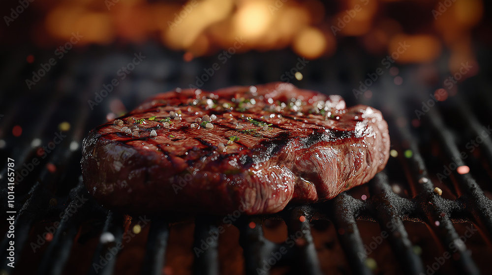 A piece of meat is being cooked on a grill A piece of meat is being cooked on a grill