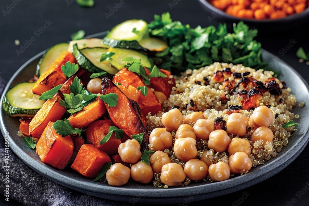 Realistic depiction of a plate of quinoa, chickpeas, and roasted vegetables, showcasing a high-fiber, nutrient-rich weight loss dish Realistic depiction of a plate of quinoa, chickpeas, and roasted vegetables, showcasing a high-fiber, nutrient-rich weight loss dish