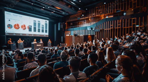 People looking at a screen in a large venue.