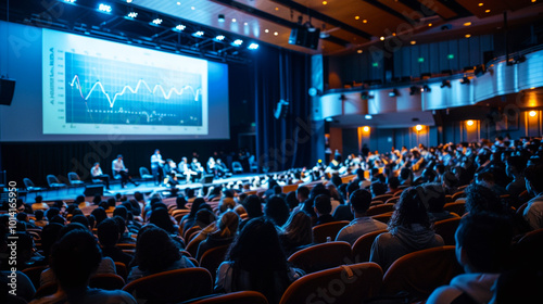 People looking at a screen in a large venue.