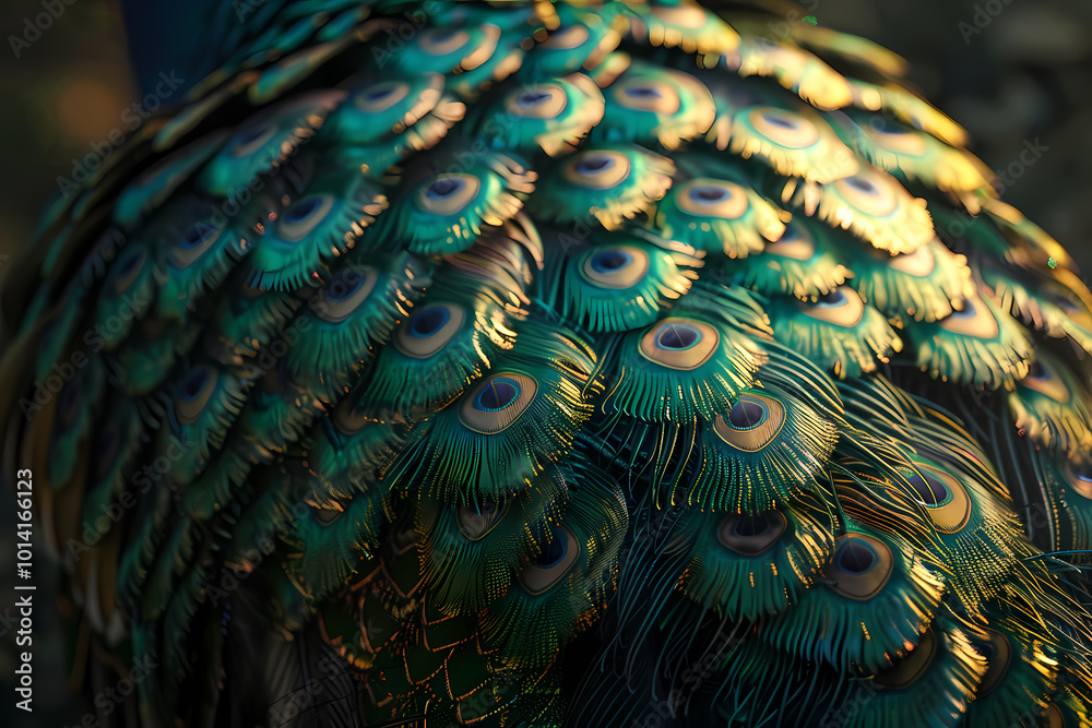 Fototapeta premium A close-up of vibrant peacock feathers, showcasing intricate patterns and shimmering iridescence in shades of green and blue.