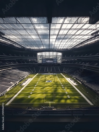 An empty American football field, seen from a high angle. The field is green and the stadium seats are empty, with a glass roof overhead.