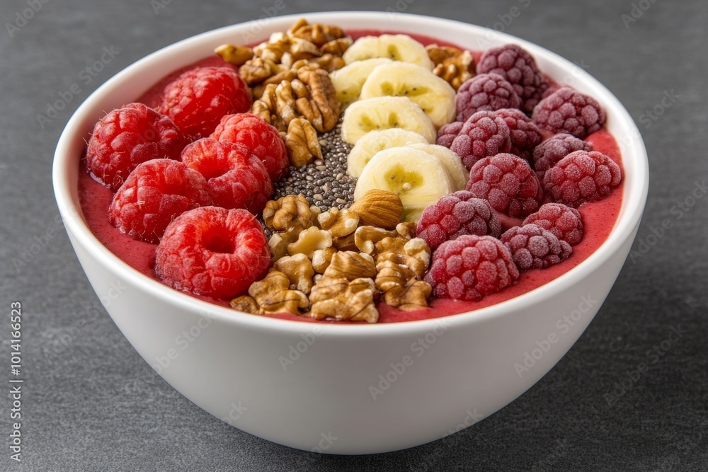 Realistic image of a smoothie bowl topped with fresh fruit, nuts, and seeds, a nutritious and filling option for weight loss Realistic image of a smoothie bowl topped with fresh fruit, nuts, and seeds, a nutritious and filling option for weight loss