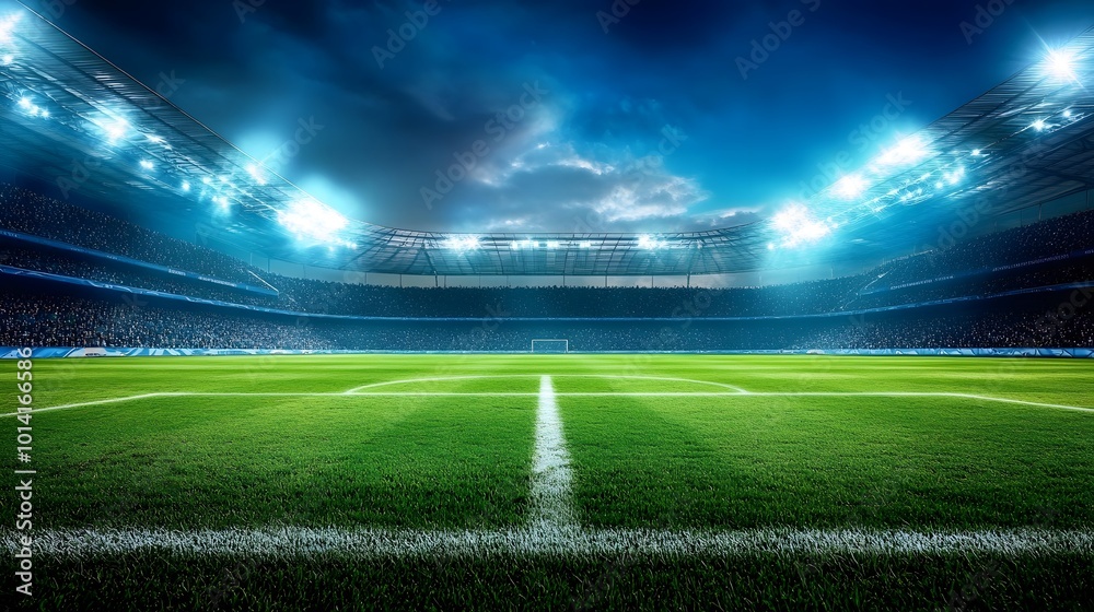 Empty soccer stadium with green field illuminated by spotlights under a dramatic cloudy sky.