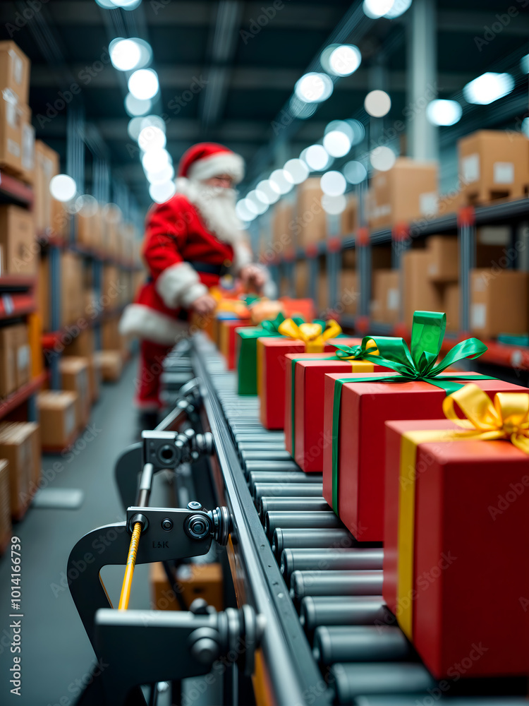 Obraz premium Santa Claus ordering Christmas gifts, in a warehouse of a large online store. 