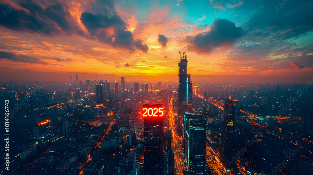 Fototapeta premium Vibrant Cityscape at Sunset with 2025 Foreground
