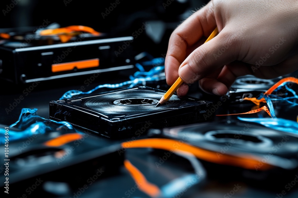 Naklejka premium Realistic scene of a person rewinding a cassette tape with a pencil, surrounded by tapes and a cassette player, recalling the challenges of analog music