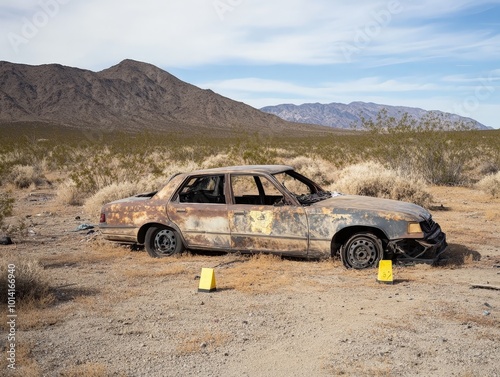 Police discovering a stolen vehicle abandoned in a remote area, with evidence markers placed around the scene. photo