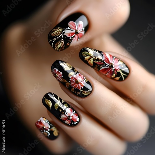 Close-up of a hand with black nail polish and floral nail art.