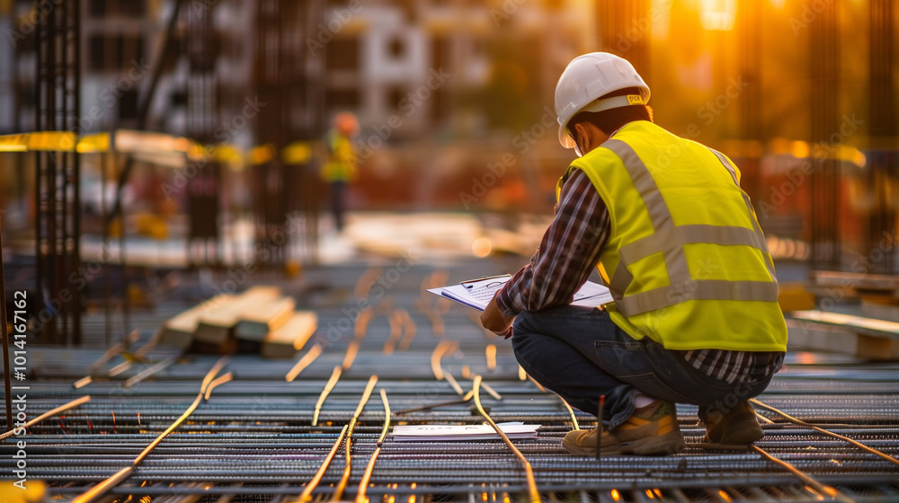 Construction worker writing on clipboard at a site during golden hour Construction worker writing on clipboard at a site during golden hour