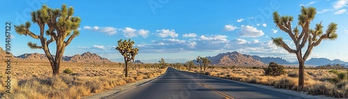 A closeup of a highway lined with Joshua trees photo