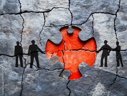 Silhouette figures holding a puzzle piece over a cracked background.