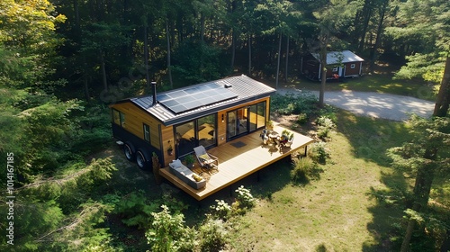 Aerial view of a modern, small cabin with solar panels on the roof, surrounded by trees.