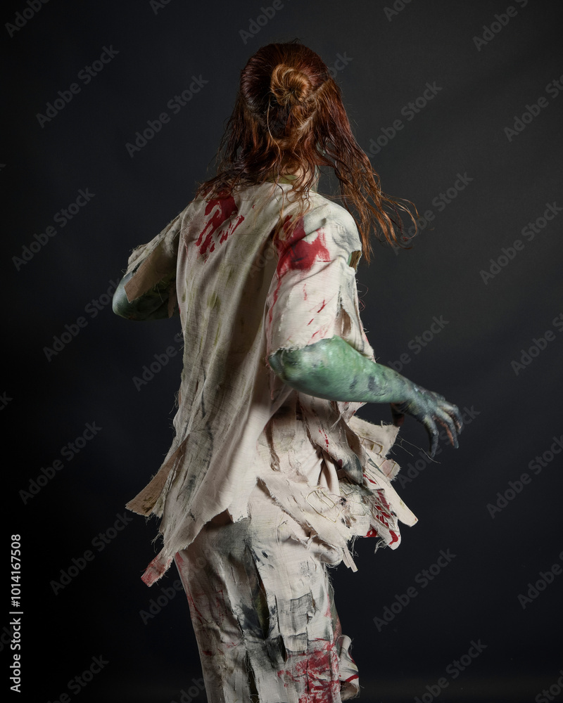 Fototapeta premium Close up portrait of scary female model wearing spooky halloween costume wearing, ripped clothes and fake blood like an undead apocalyptic zombie character. Isolated figure on dark studio background
