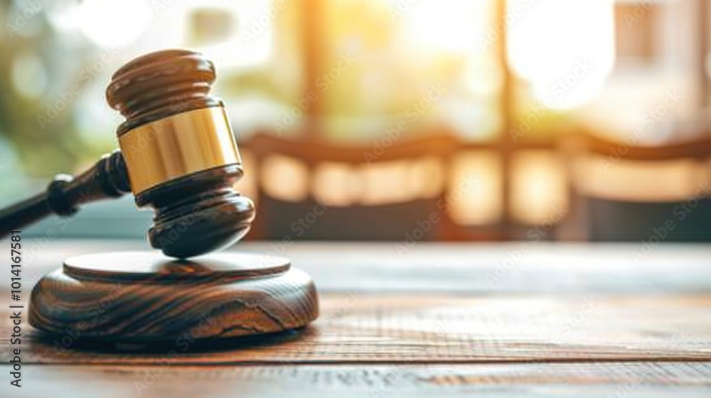 Close-up of a wooden gavel on a desk symbolizing the authority of election rules. law,justice,legality,legitimacy,power,authority,influence,dominance Close-up of a wooden gavel on a desk symbolizing the authority of election rules. law,justice,legality,legitimacy,power,authority,influence,dominance