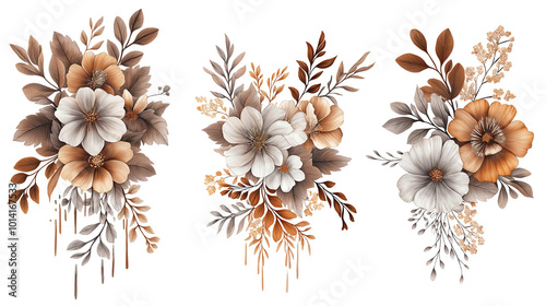 Fototapeta Naklejka Na Ścianę i Meble -  Three flower arrangements with brown and white colors