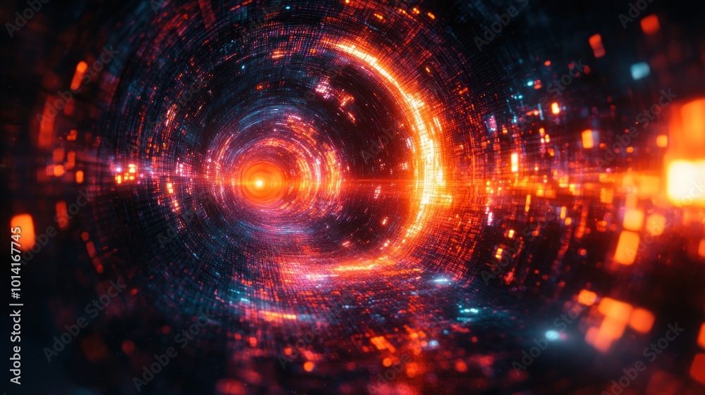 A digital tunnel of vibrant lights and patterns. A digital tunnel of vibrant lights and patterns.