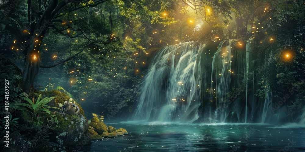 a forest with a waterfall, digitally enhanced with fairy tale creatures a forest with a waterfall, digitally enhanced with fairy tale creatures