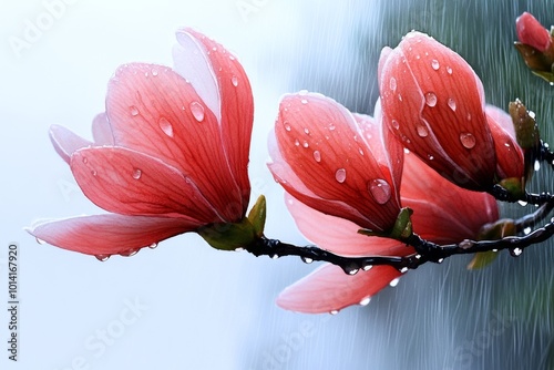 Fototapeta Naklejka Na Ścianę i Meble -  Watercolor painting of a spring rainstorm, with soft colors blending the sky and rain as it falls on the blooming flowers