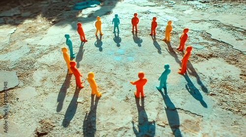 Colorful figurines standing in a circle on a textured surface, with one figure standing in the center.