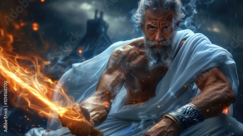 Supreme Deity: Zeus, Greek god of heavens, thunder and lightning, ruler of cosmos, chief of Olympian gods, equated with Jupiter in Roman mythology, embodying ultimate power, dominion over the world.