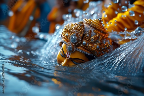 3D model of the Durga idol being immersed in water, with detailed water effects and emotional devotees participating in the ritual photo