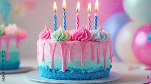 A colorful birthday cake with lit candles and balloons in the background. photo