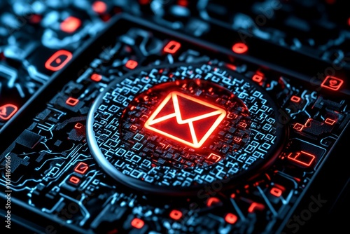 3D-rendered phishing email interface, with suspicious links glowing in a high-detail digital mailbox