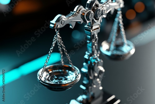 3D-rendered scale balancing utilitarian ethics, with detailed weights showing happiness and harm in a futuristic setting