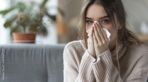 Woman sneezing into tissue while sitting at home, suffering from cold or allergies