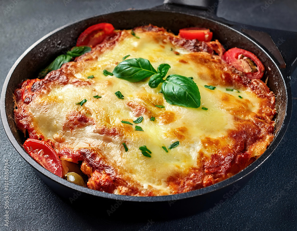 Baked lasagna with meat, cheese and vegetables in baking dish Baked lasagna with meat, cheese and vegetables in baking dish