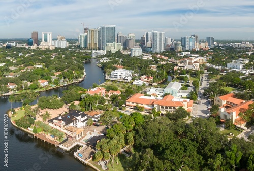 New River canal system and the downtown city skyline of Fort Lauderdale, Florida, United States.