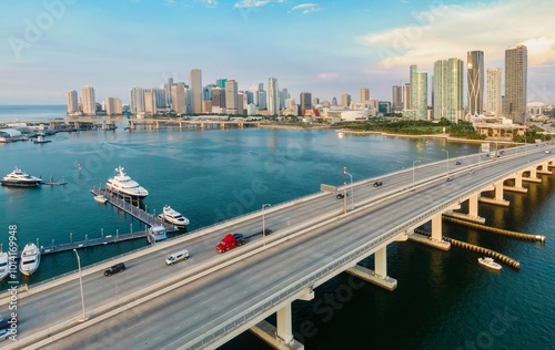 MacArthur Causeway crossing the Biscayne Bay and the downtown cityskyline of Miami, Florida, United States.