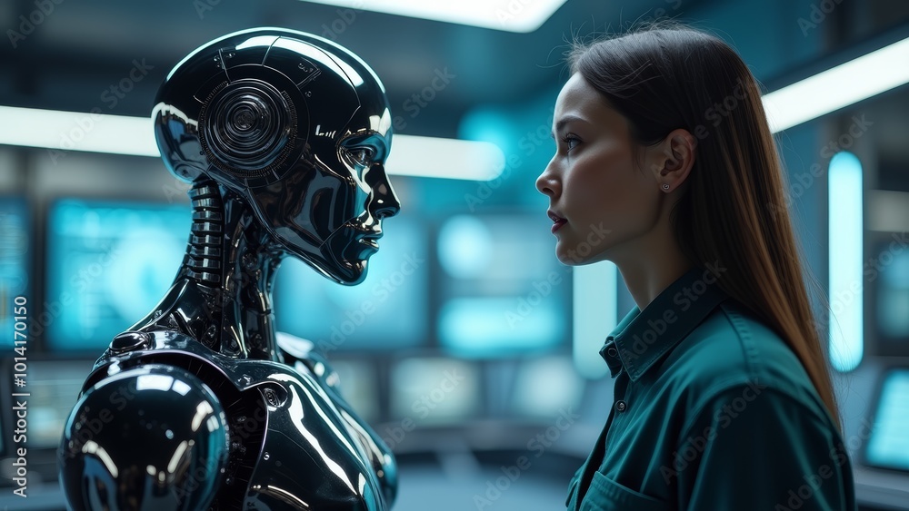 Human and Futuristic Robot Face to Face in High-Tech Lab Human and Futuristic Robot Face to Face in High-Tech Lab