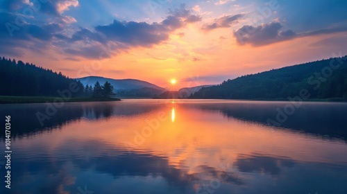 Sunset over a lake with a calm reflection, setting a peaceful mood for a contemplative quote.