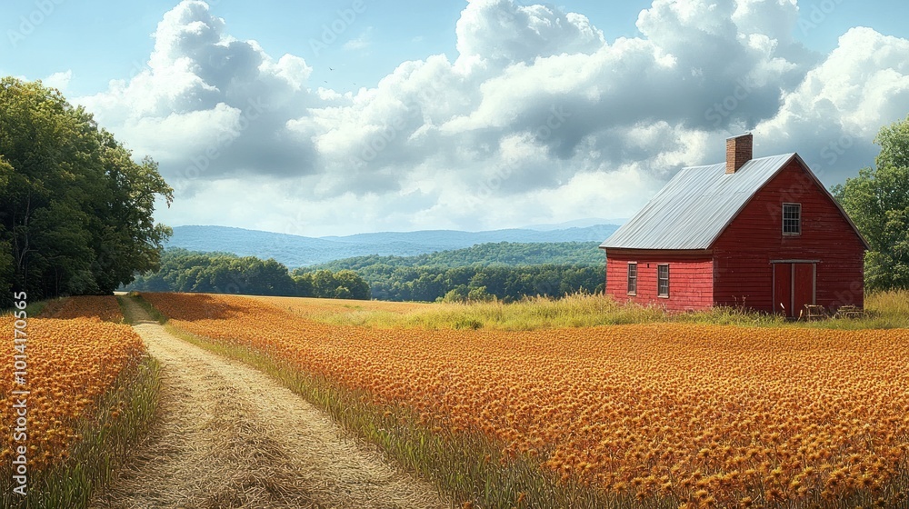 A serene landscape featuring a red barn and sunflower fields.