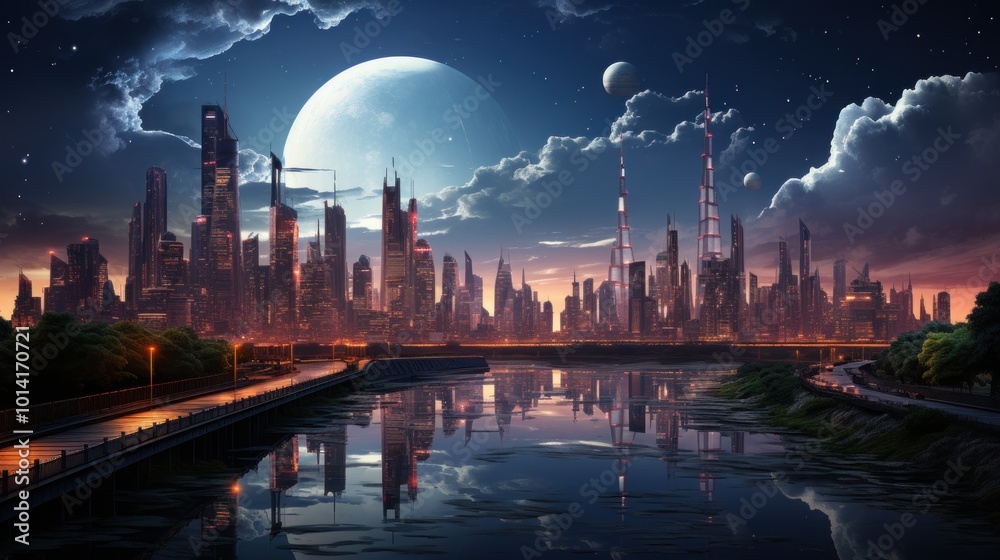 Obraz premium Futuristic Cityscape with a Full Moon