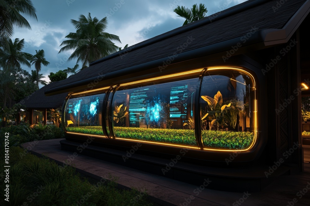 Futuristic village where farmers use AI to manage their fields, with glowing holographic displays showing crop data and weather predictions Futuristic village where farmers use AI to manage their fields, with glowing holographic displays showing crop data and weather predictions