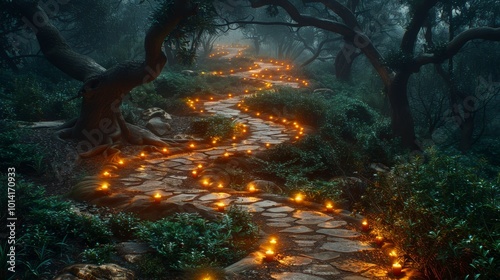 Enchanted Forest Path Stone Pathway Lit by Lanterns Winding Through Mystical Woodland at Twilight