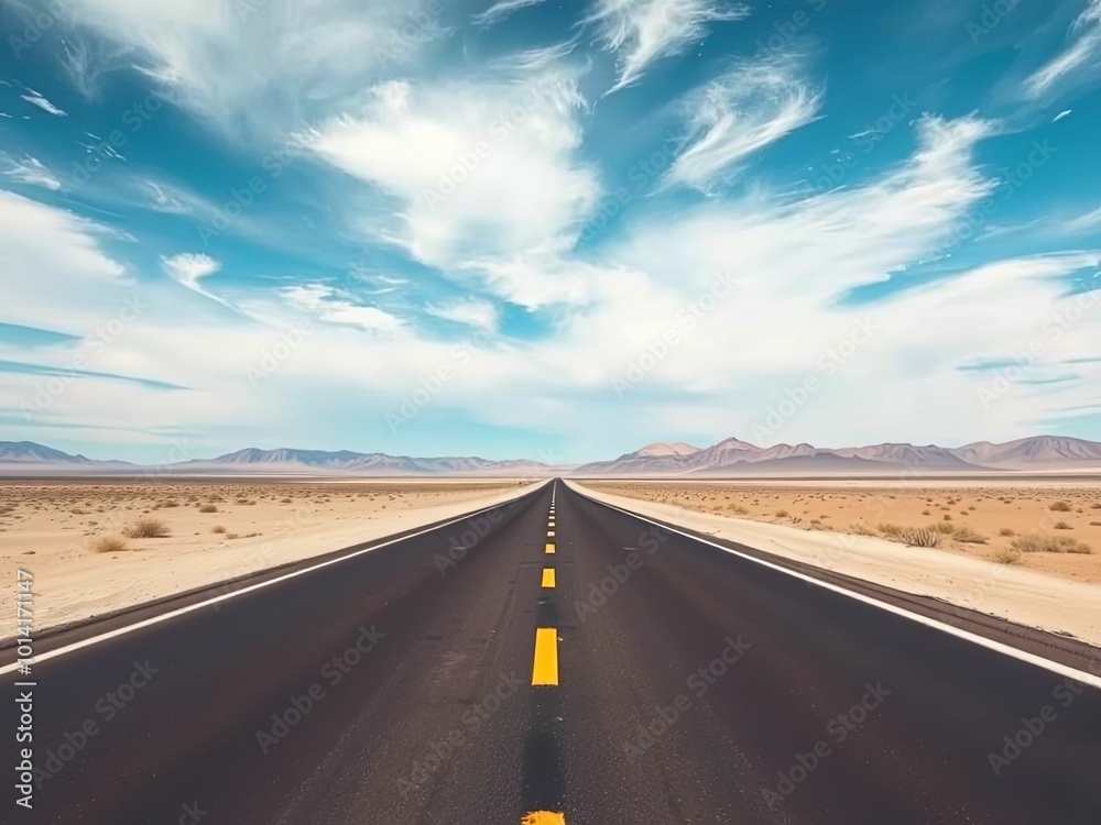 Naklejka premium Open Desert Highway Leading to Distant Mountains