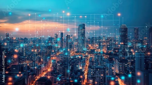 Wallpaper Mural Cityscape with Digital Network Overlay Torontodigital.ca