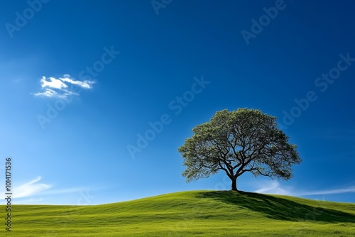 Minimalist depiction of a sunny day in nature, with simple lines and soft colors representing a clear sky and a lone tree