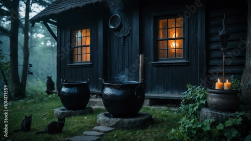 witch cottage a quaint cabin with a bubbling in cinematic dark arts style background