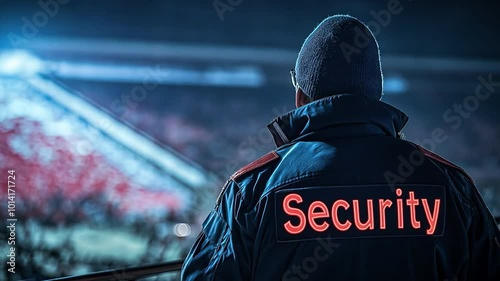 Security guard in front of a sports stadium, with the word 