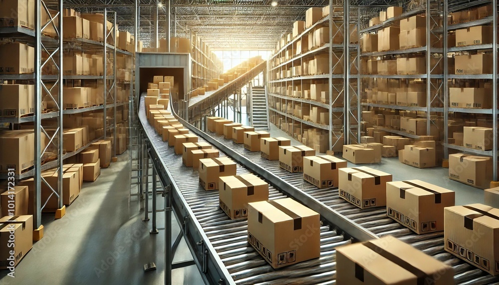 A busy distribution warehouse with multiple cardboard boxes on conveyor belt, Generative AI A busy distribution warehouse with multiple cardboard boxes on conveyor belt, Generative AI