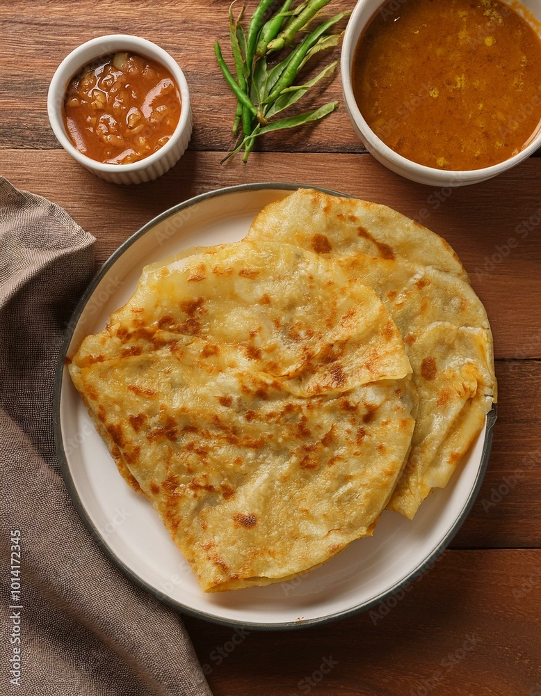 Golden brown flatbread on white plate Golden brown flatbread on white plate