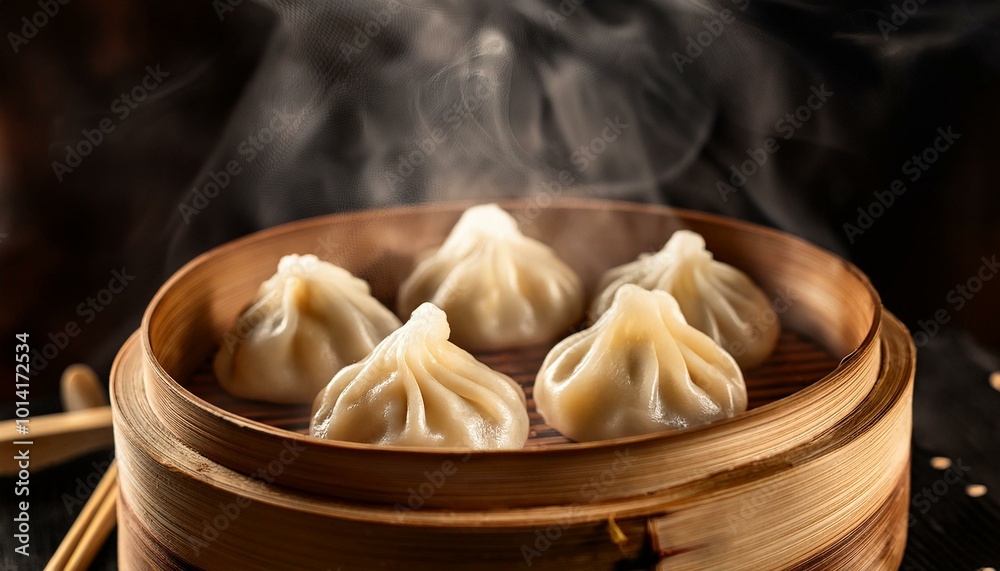 Steaming hot dumplings in a bamboo steamer Steaming hot dumplings in a bamboo steamer